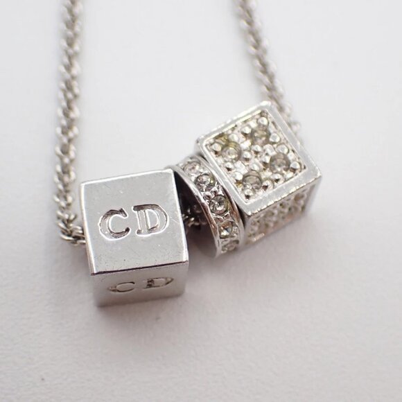 CHRISTIAN DIOR D Logo Dice Charm Necklace Rhinestone Silver Accessory - Picture 1 of 10